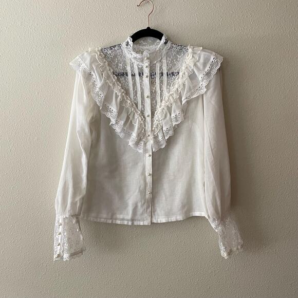 Gunne Sax Tops - 70s Gunne Sax Edwardian Lace Ruffle Blouse Victorian White Top 1970s size small